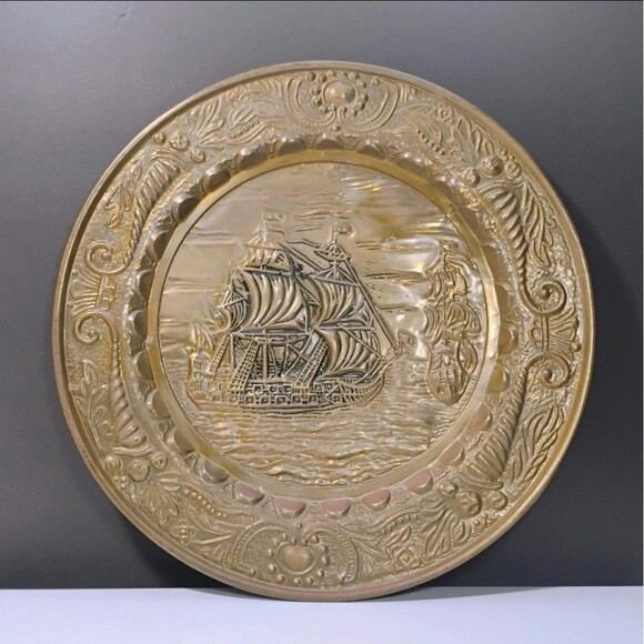 Vtg Embossed 3D Copper Wall Plate Decor Of A Ship Sailing Along The Sea - Picture 11 of 11